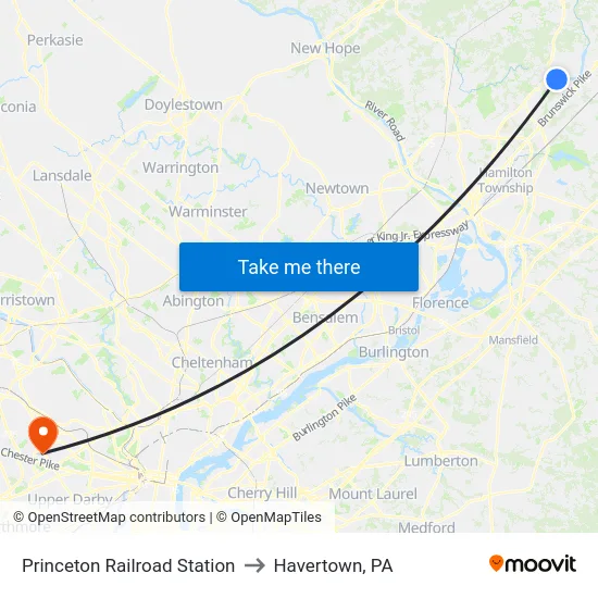 Princeton Railroad Station to Havertown, PA map