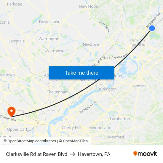 Clarksville Rd at Raven Blvd to Havertown, PA map