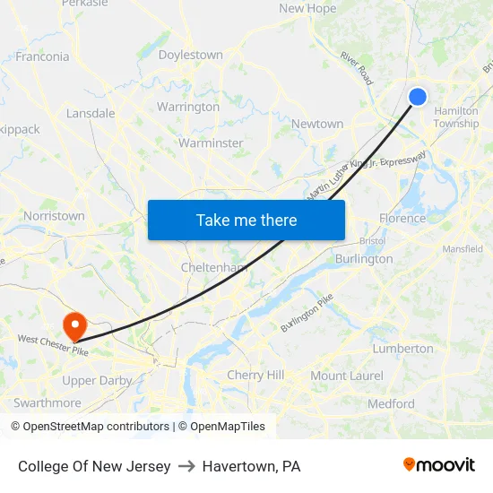 College Of New Jersey to Havertown, PA map