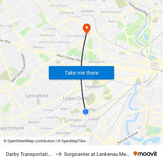 Darby Transportation Center to Surgicenter at Lankenau Medical Center map