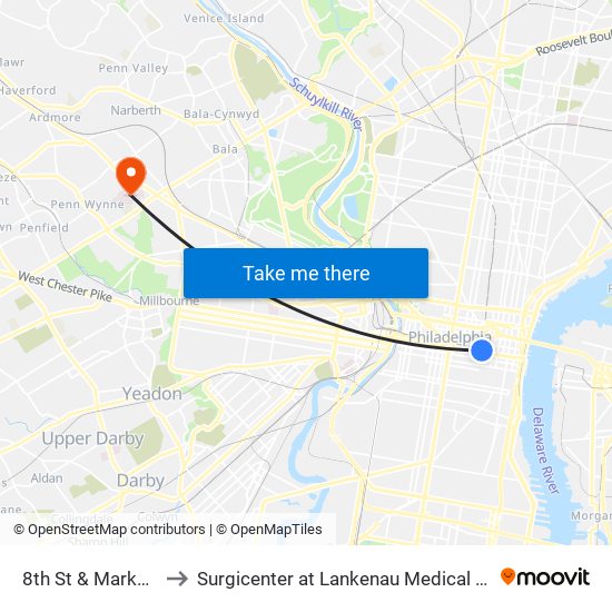 8th St & Market St to Surgicenter at Lankenau Medical Center map