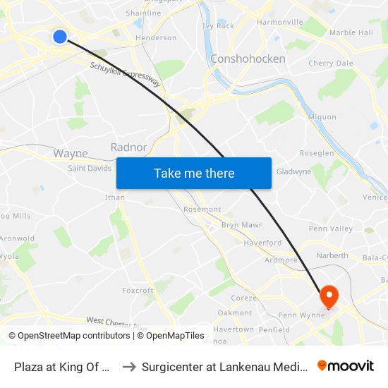 Plaza at King Of Prussia to Surgicenter at Lankenau Medical Center map