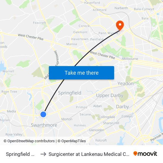 Springfield Mall to Surgicenter at Lankenau Medical Center map