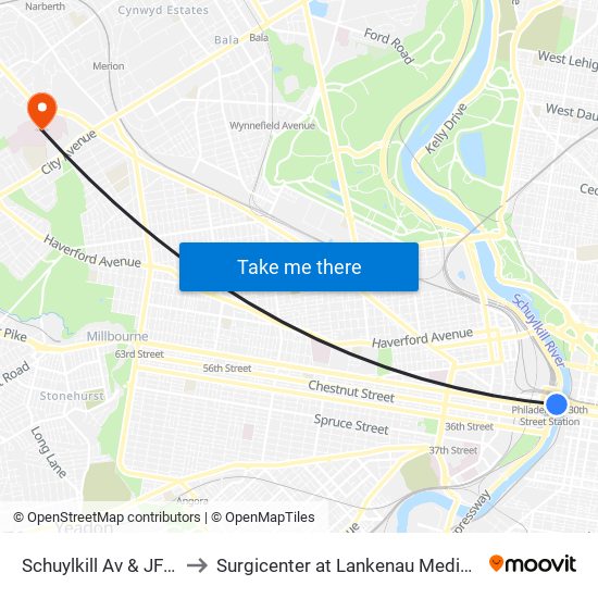 Schuylkill Av & JFK Blvd to Surgicenter at Lankenau Medical Center map