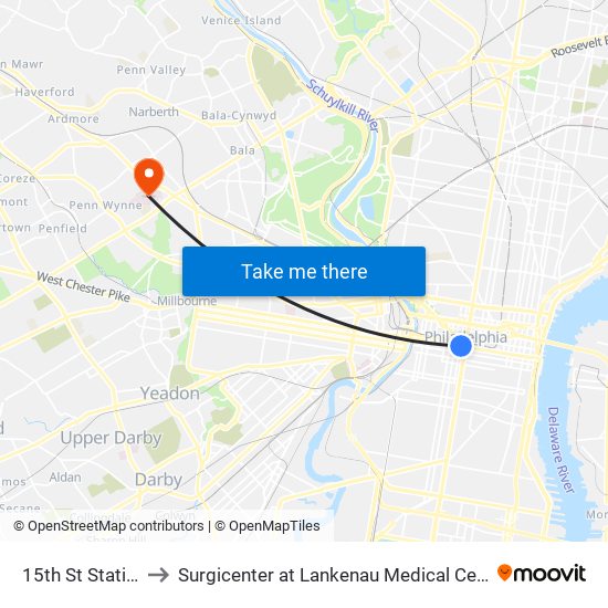 15th St Station to Surgicenter at Lankenau Medical Center map