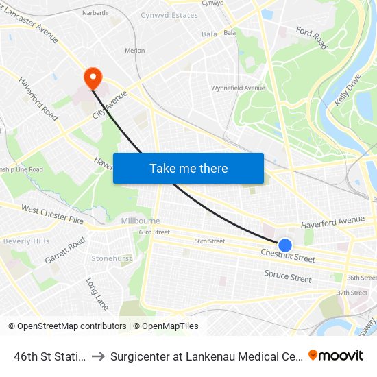 46th St Station to Surgicenter at Lankenau Medical Center map