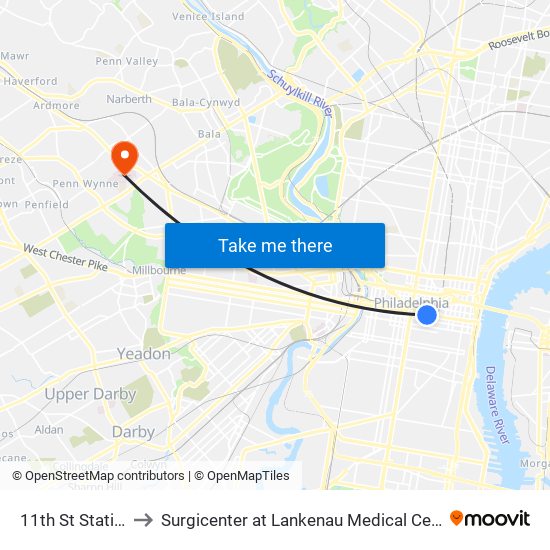 11th St Station to Surgicenter at Lankenau Medical Center map