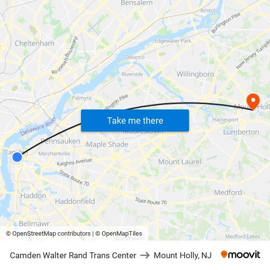 Camden Walter Rand Trans Center to Mount Holly, NJ map