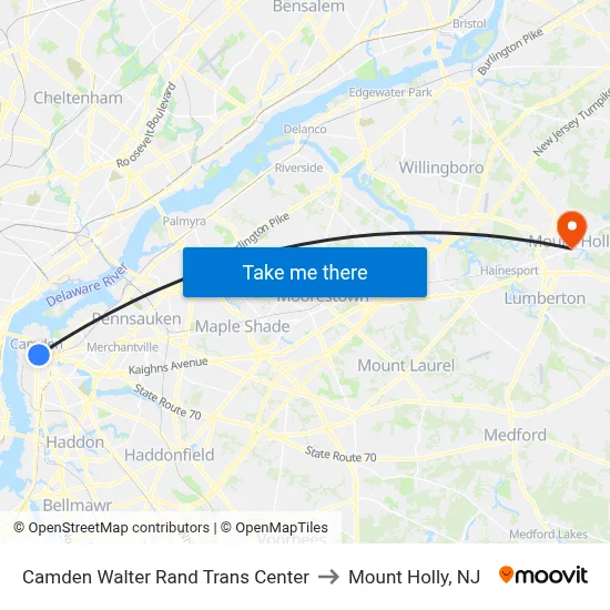 Camden Walter Rand Trans Center to Mount Holly, NJ map