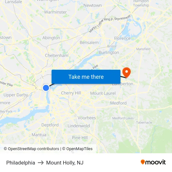 Philadelphia to Mount Holly, NJ map