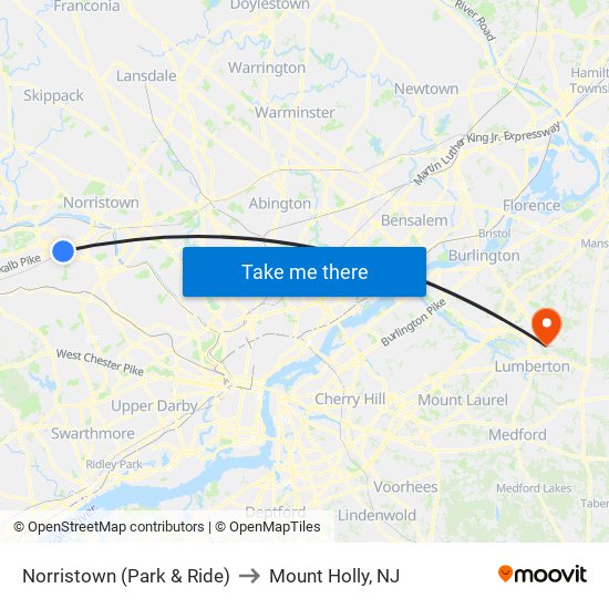 Norristown (Park & Ride) to Mount Holly, NJ map