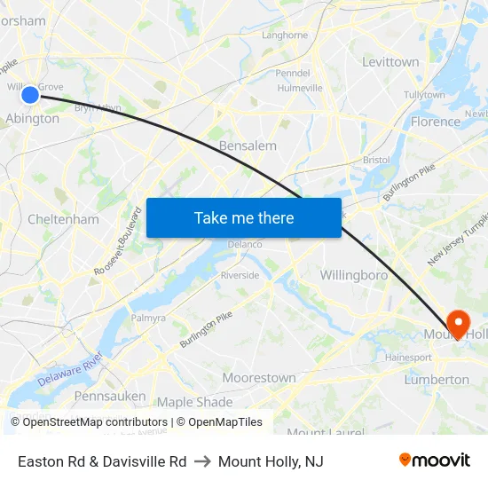 Easton Rd & Davisville Rd to Mount Holly, NJ map