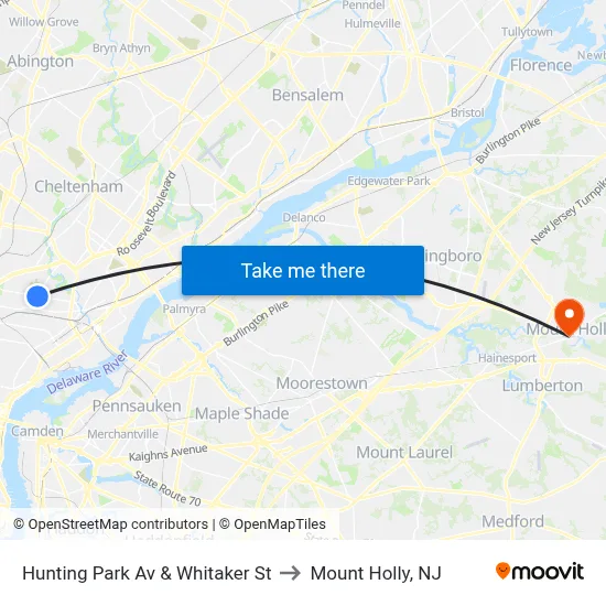 Hunting Park Av & Whitaker St to Mount Holly, NJ map