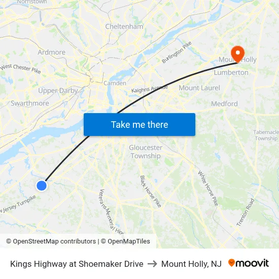 Kings Highway at Shoemaker Drive to Mount Holly, NJ map