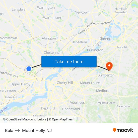 Bala to Mount Holly, NJ map