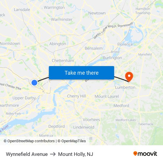Wynnefield Avenue to Mount Holly, NJ map