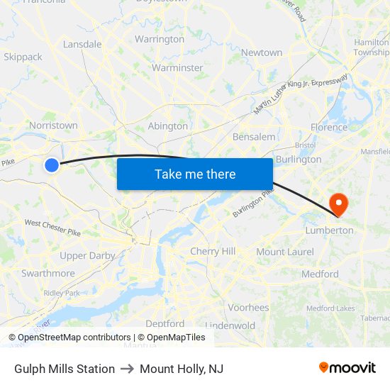 Gulph Mills Station to Mount Holly, NJ map