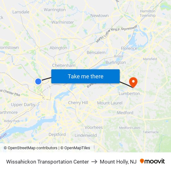 Wissahickon Transportation Center to Mount Holly, NJ map