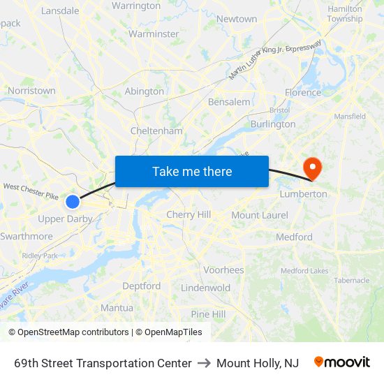 69th Street Transportation Center to Mount Holly, NJ map