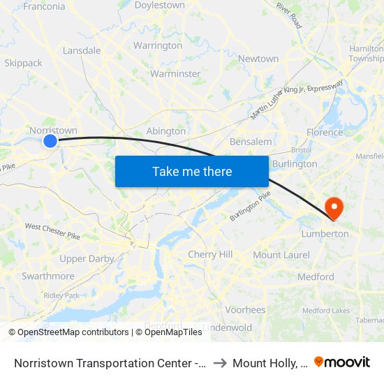 Norristown Transportation Center - Nhsl to Mount Holly, NJ map