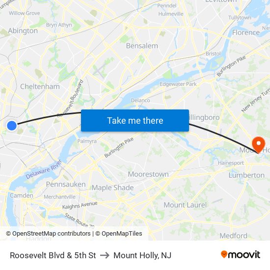 Roosevelt Blvd & 5th St to Mount Holly, NJ map