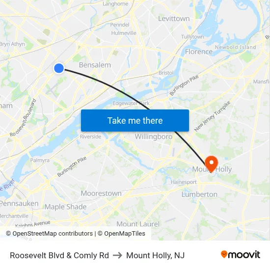 Roosevelt Blvd & Comly Rd to Mount Holly, NJ map