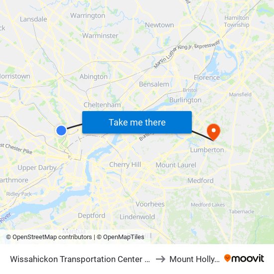 Wissahickon Transit Center to Mount Holly, NJ map