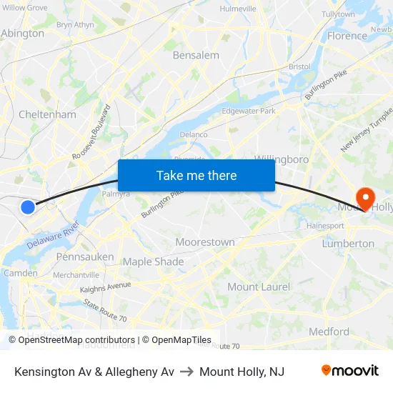 Kensington Av & Allegheny Av to Mount Holly, NJ map