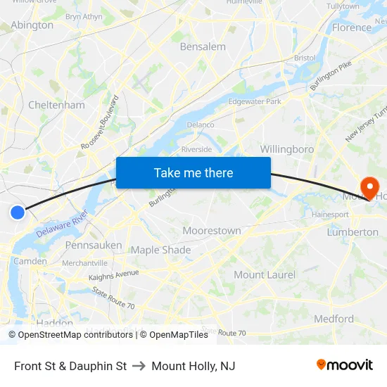 Front St & Dauphin St to Mount Holly, NJ map