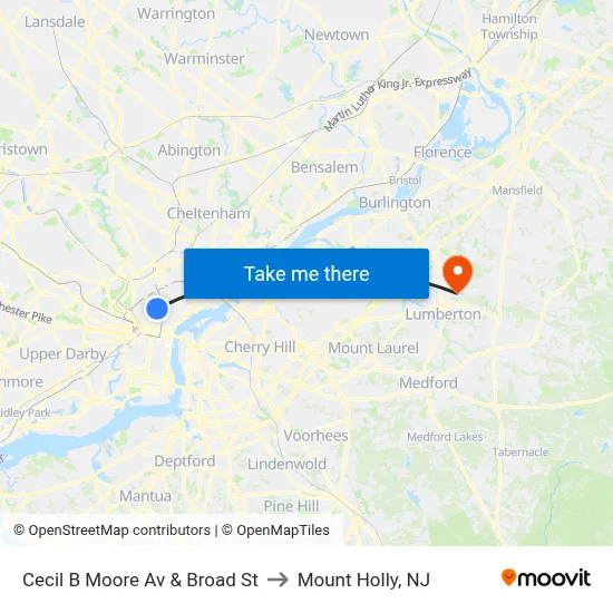 Cecil B Moore Av & Broad St to Mount Holly, NJ map