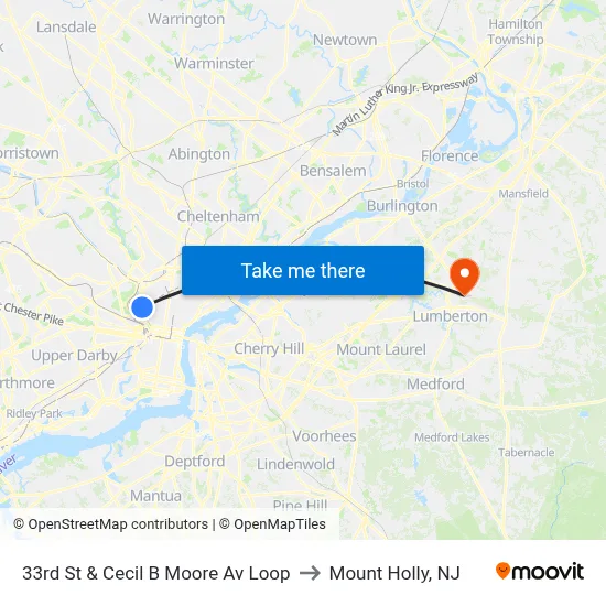 33rd St & Cecil B Moore Av Loop to Mount Holly, NJ map