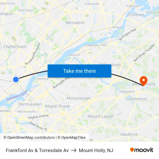 Frankford Av & Torresdale Av to Mount Holly, NJ map