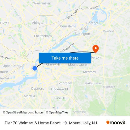 Pier 70 Walmart & Home Depot to Mount Holly, NJ map