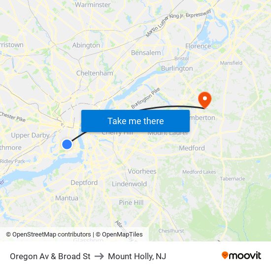 Oregon Av & Broad St to Mount Holly, NJ map