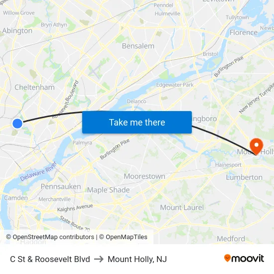 C St & Roosevelt Blvd to Mount Holly, NJ map