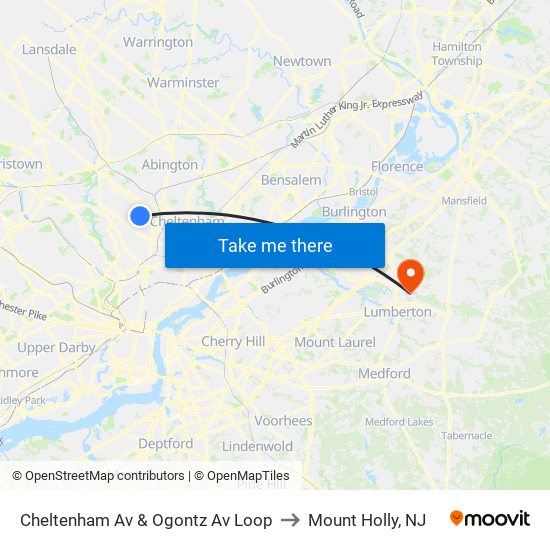 Cheltenham Av & Ogontz Av Loop to Mount Holly, NJ map