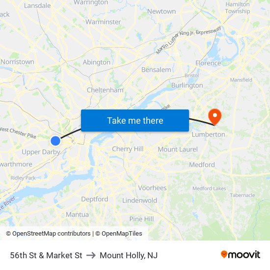 56th St & Market St to Mount Holly, NJ map