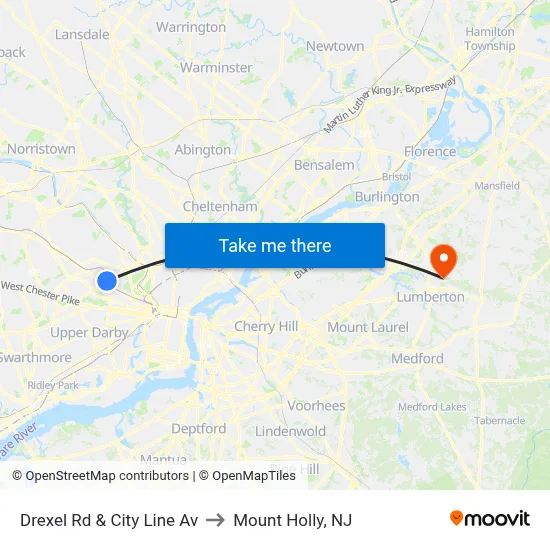 Drexel Rd & City Line Av to Mount Holly, NJ map