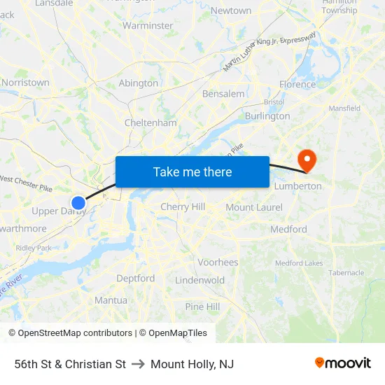 56th St & Christian St to Mount Holly, NJ map