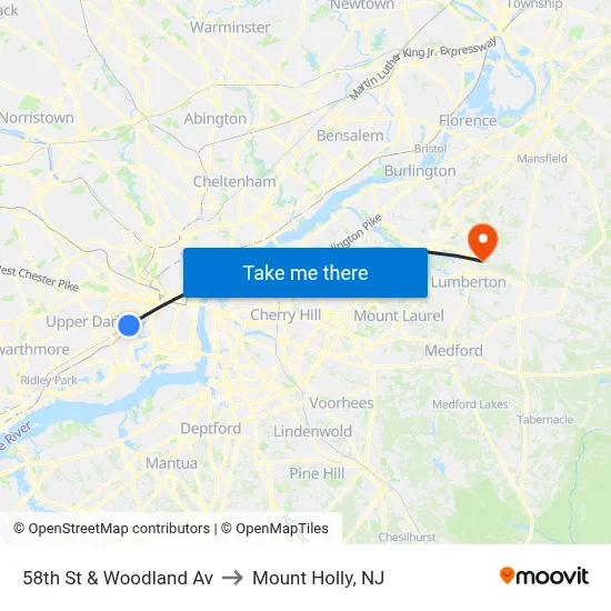 58th St & Woodland Av to Mount Holly, NJ map