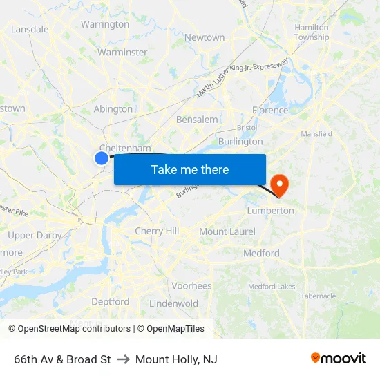 66th Av & Broad St to Mount Holly, NJ map