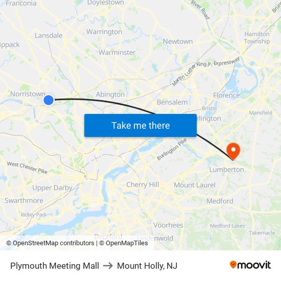 Plymouth Meeting Mall to Mount Holly, NJ map