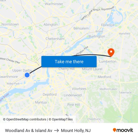 Woodland Av & Island Av to Mount Holly, NJ map