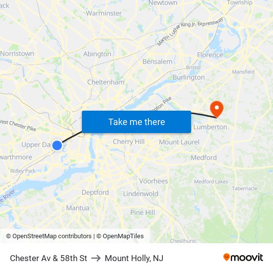 Chester Av & 58th St to Mount Holly, NJ map