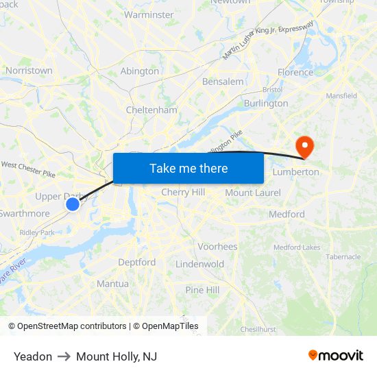 Yeadon to Mount Holly, NJ map