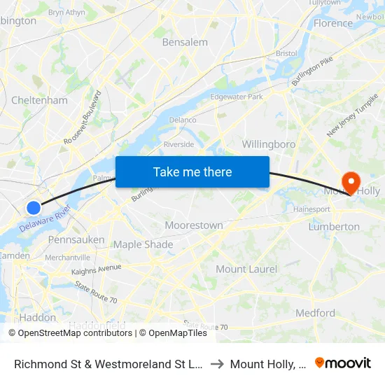 Richmond St & Westmoreland St Loop to Mount Holly, NJ map