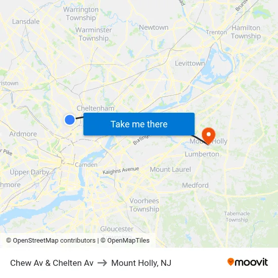 Chew Av & Chelten Av to Mount Holly, NJ map