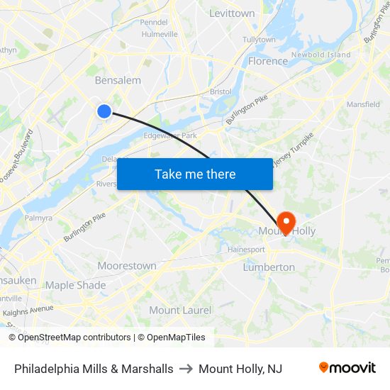 Philadelphia Mills & Marshalls to Mount Holly, NJ map