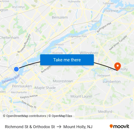 Richmond St & Orthodox St to Mount Holly, NJ map