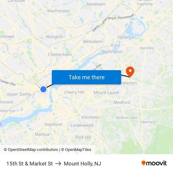 15th St & Market St to Mount Holly, NJ map